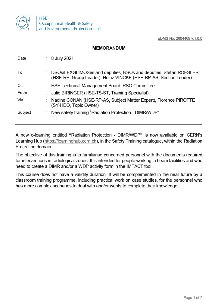 E-learning   “Radiation Protection – DIMR/WDP”