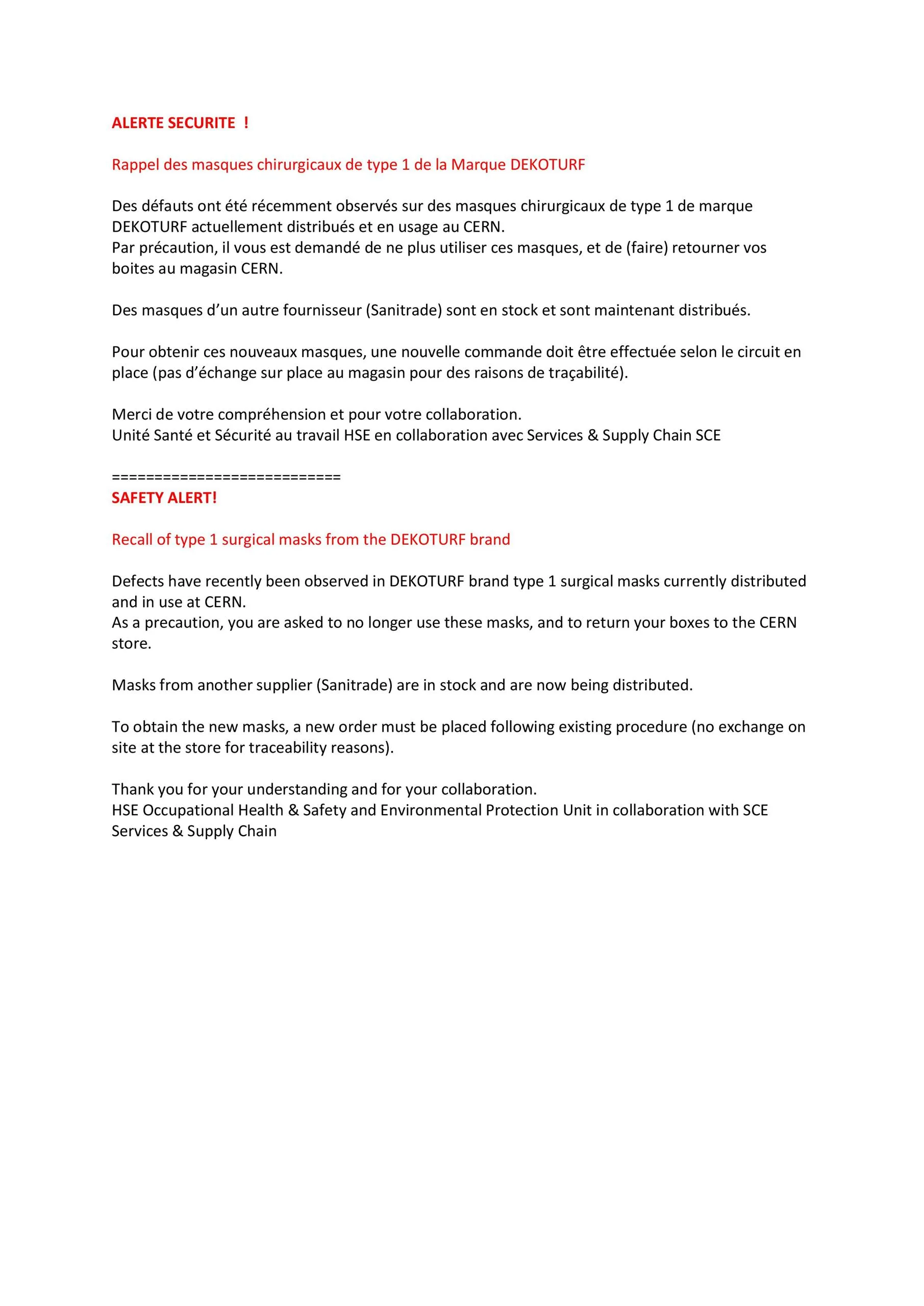 Masque Type 1 DEKOTURF  — ALERTE SECURITE  !