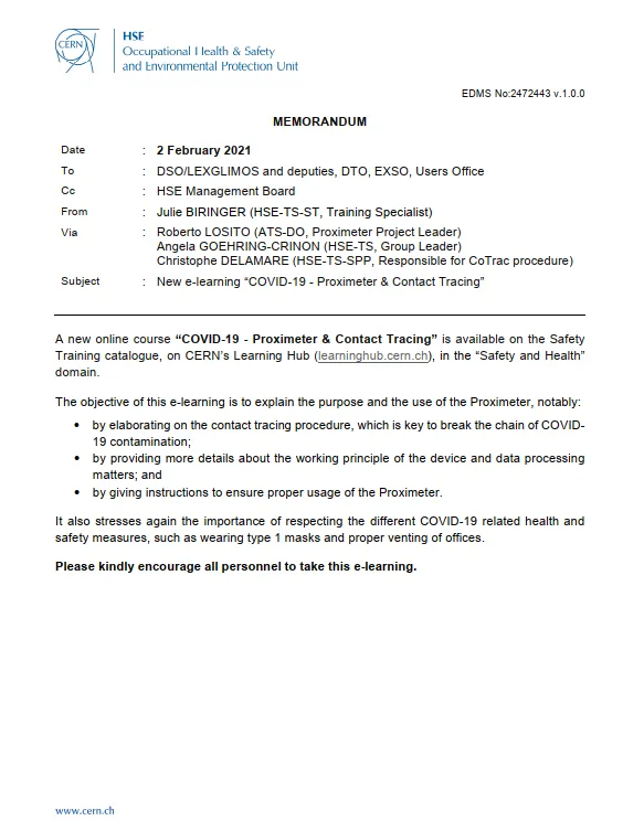New e-learning “COVID-19 – Proximeter & Contact Tracing / Proximètre & Traçage des contacts